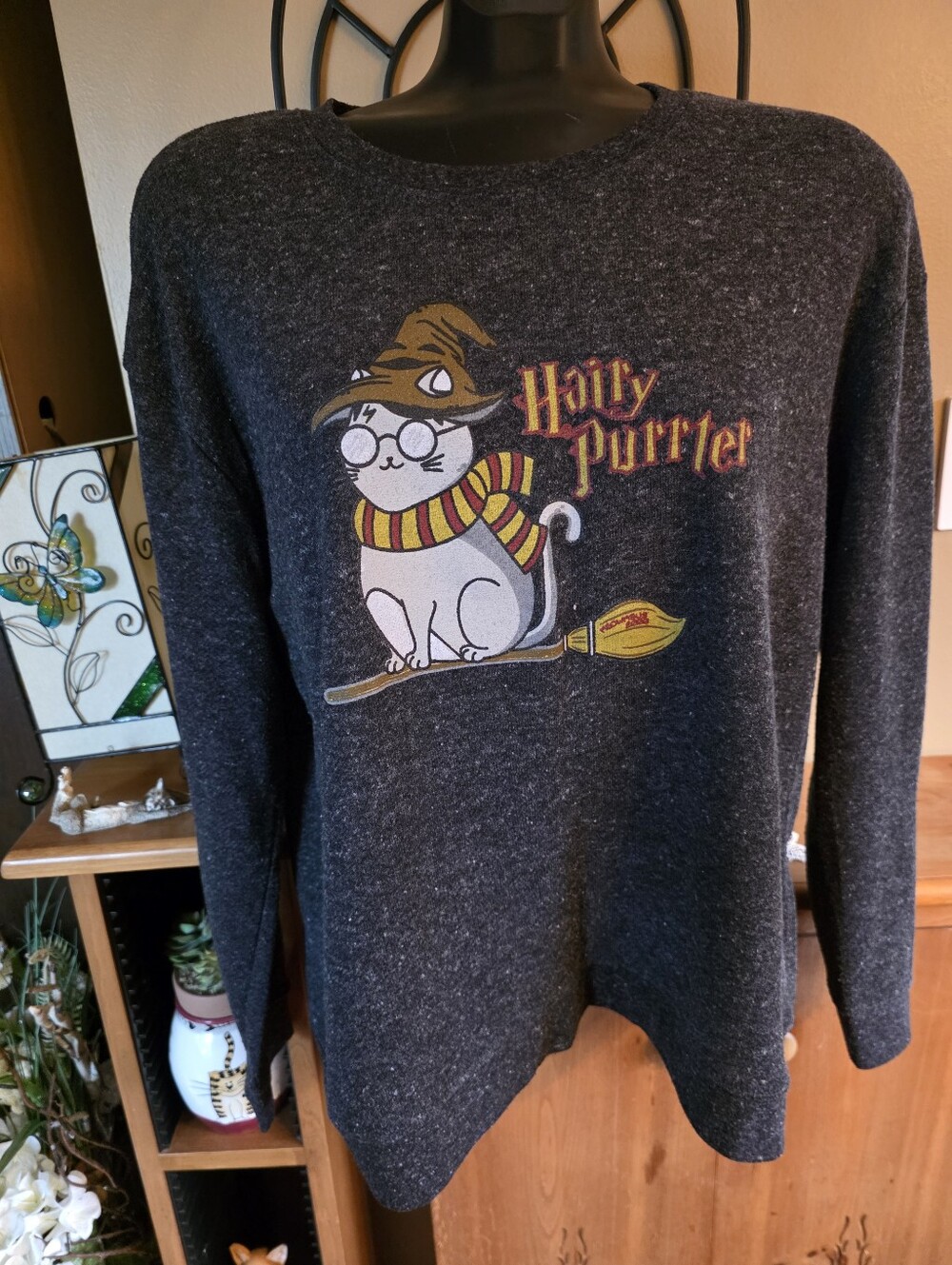 Hairy Purrter Cat Parody Graphic Dark Gray Heather Sweatshirt Size L